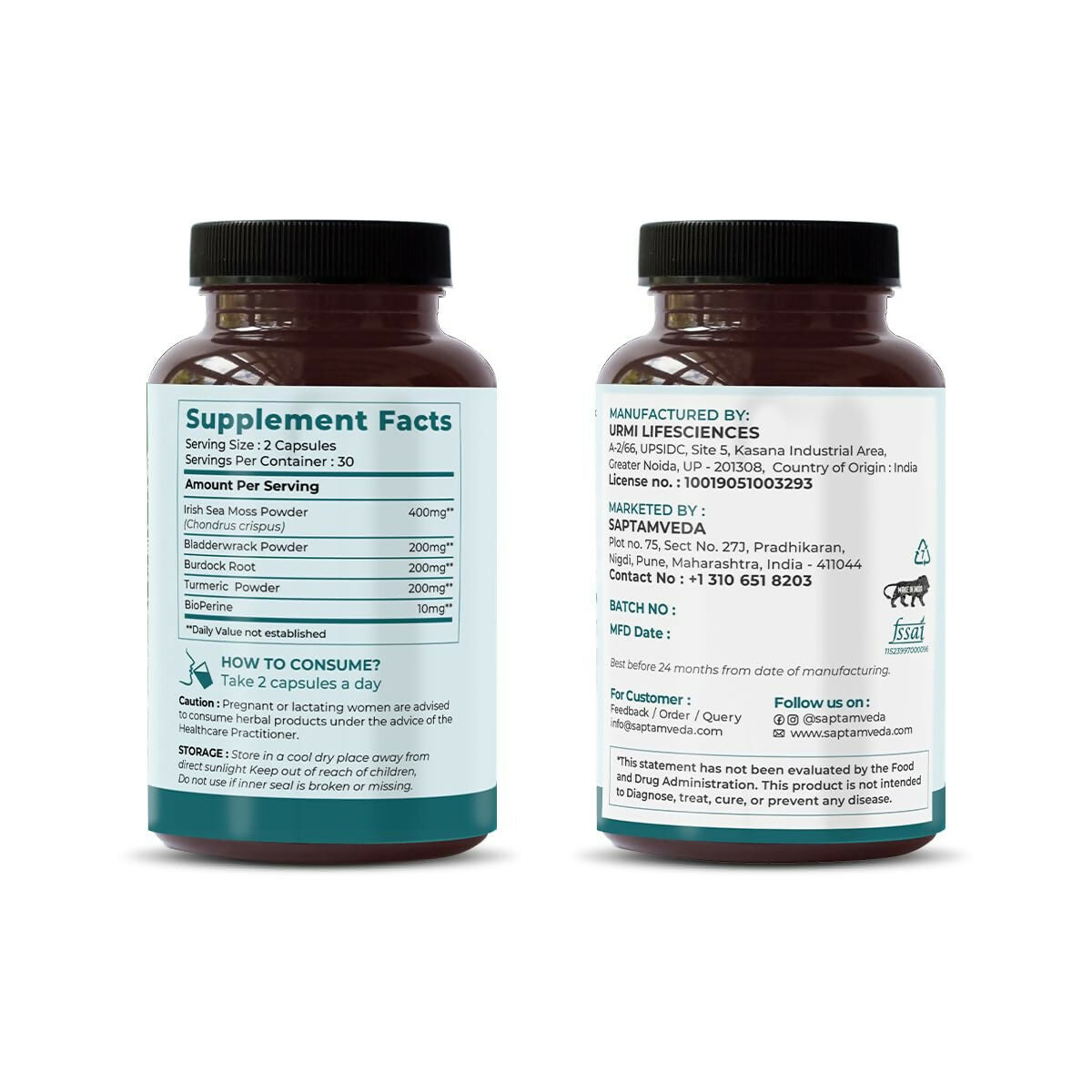Saptamveda Irish Sea Moss 500mg Capsules | Grocsy