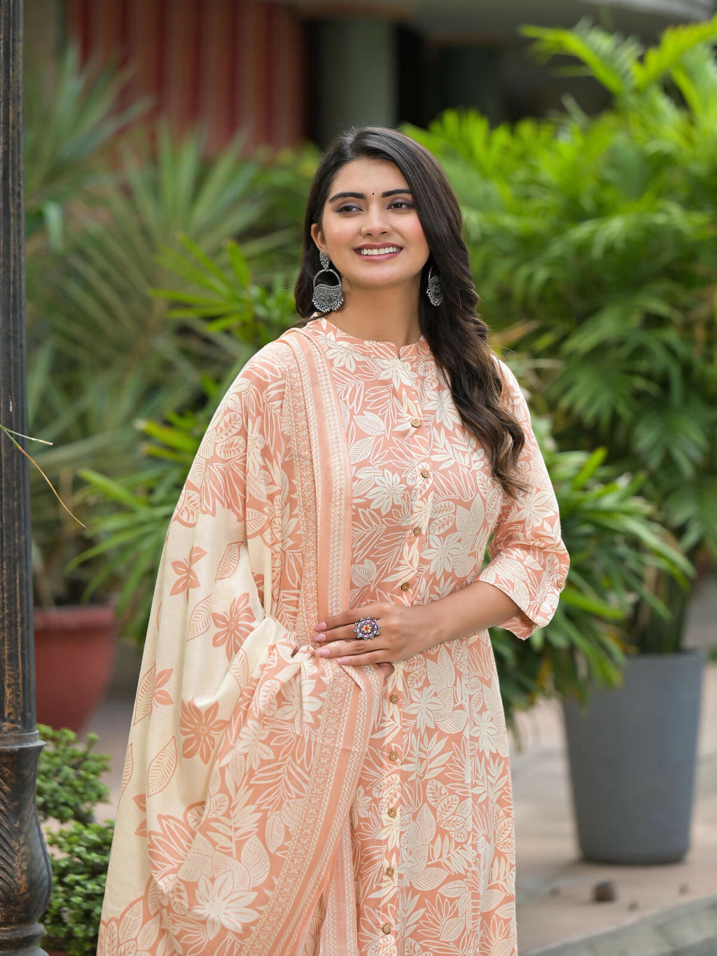 Juniper Women's Brown Floral Printed Cotton Kurta Set With Buttons | Grocsy