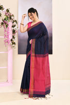 Piyari Fashion Women's Navy Blue Embellished Cotton Blend Jamdani Saree | Grocsy
