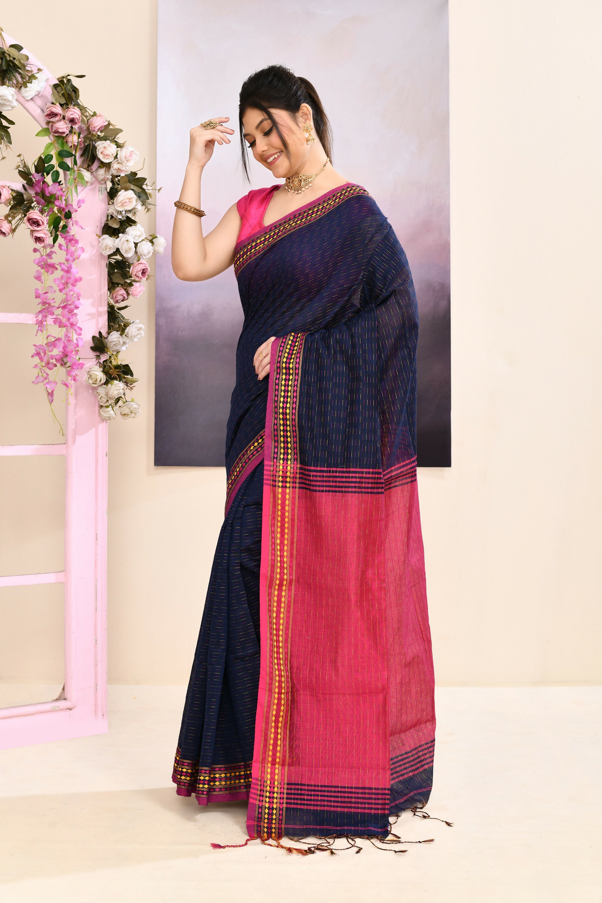 Piyari Fashion Women's Navy Blue Embellished Cotton Blend Jamdani Saree | Grocsy