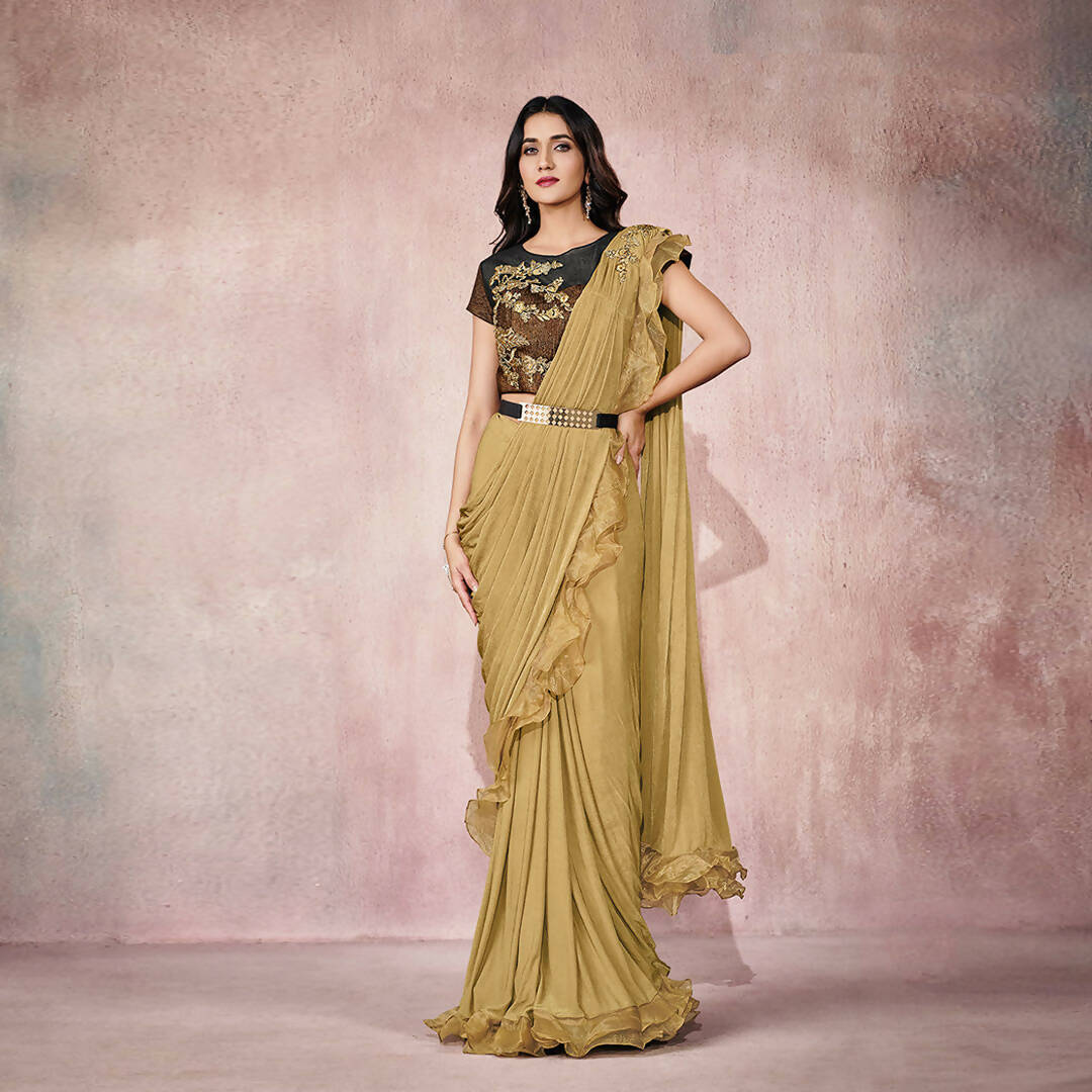 Beige Lycra Embroidery Designer Saree With Blouse - Mohmanthan Sitaarah | Grocsy