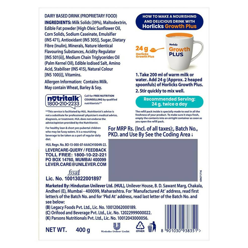 Horlicks Growth Plus Health & Nutrition Drink for Kids Faster Growth with Protein | Grocsy
