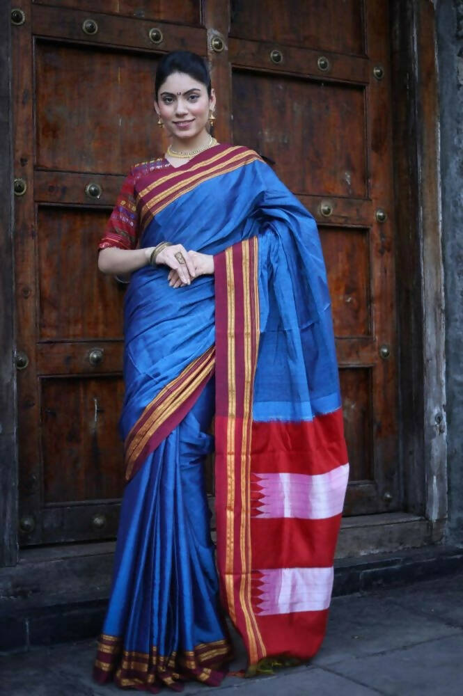 Very Much Indian Handloom Cotton Viscose Ilkal Saree - Royal Blue | Grocsy