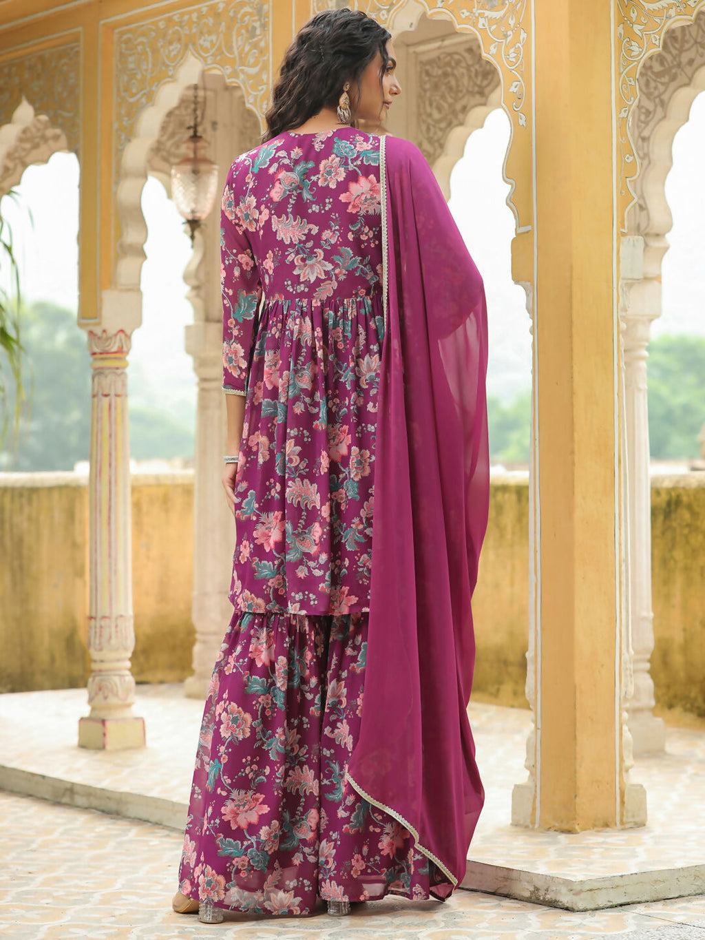 Janasya Purple Georgette Floral Kurta,Bottom & Dupatta | Grocsy