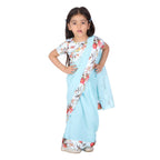 Little Bansi Girls 90's Era Saree with Silk Floral Blouse - Sky Blue | Grocsy
