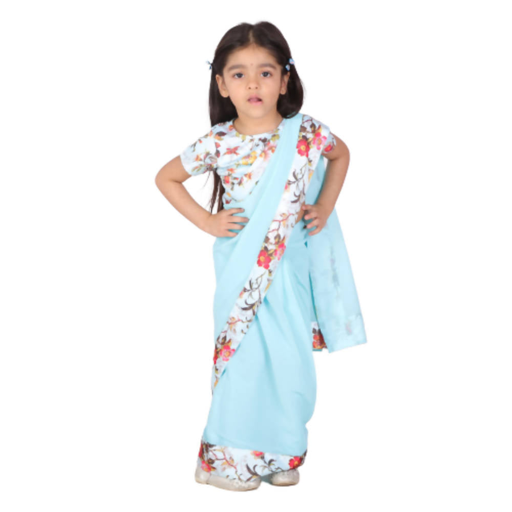 Little Bansi Girls 90's Era Saree with Silk Floral Blouse - Sky Blue | Grocsy