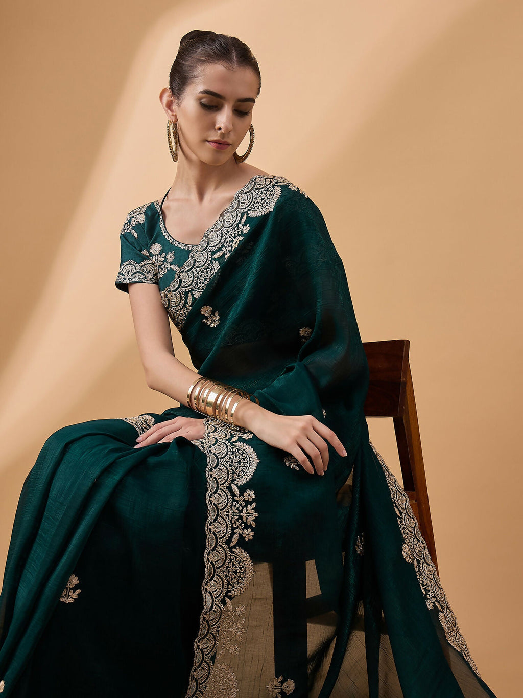 Teal Silk Embroidered Saree with Unstitched Blouse Piece - Satya | Grocsy