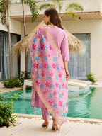 The52 Lavender Women's Gorgeous Embroidered work Viscose Gadhwal Fabric Straight Kurta, Pant and Dupatta Set | Grocsy