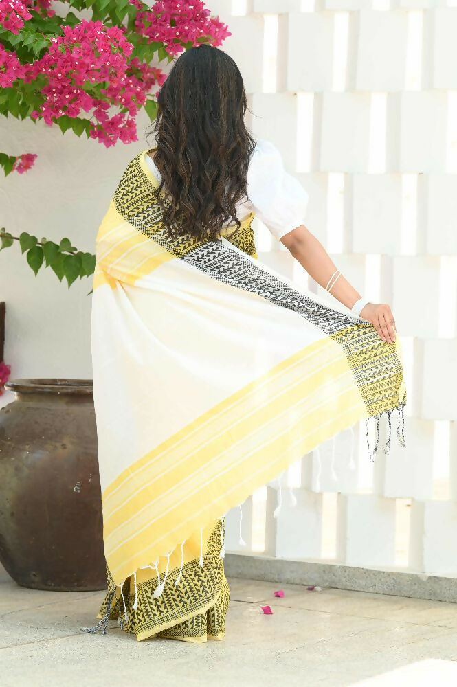 Beatitude Yellow Cotton Jacqaurd Border Tangail Handloom Saree | Grocsy