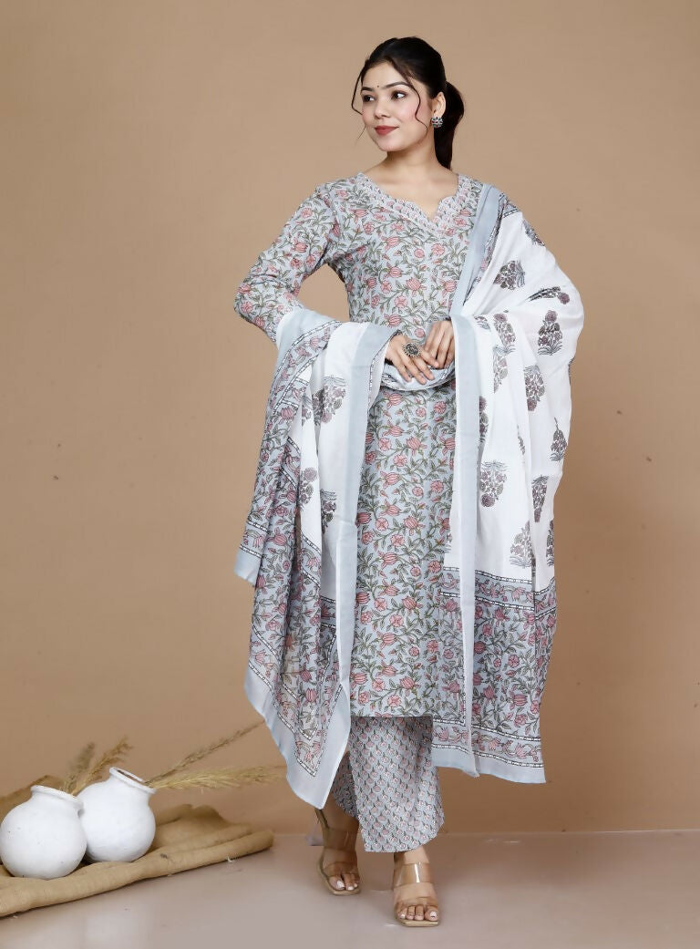 Miravan Women's Blue Gota Patti Cotton Kurta With Palazzo And Dupatta Set | Grocsy