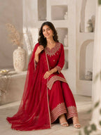 Teeya Creation Festive Red Silk Party Wear Kurti Pant Set With Elegant Zari Work | Grocsy