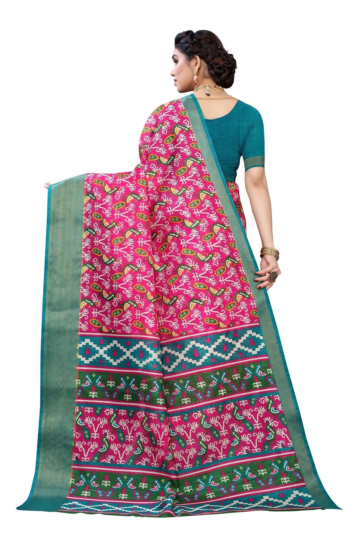 Vamika Pink & Green Linen Jari Border Saree (JANKI PINK) | Grocsy