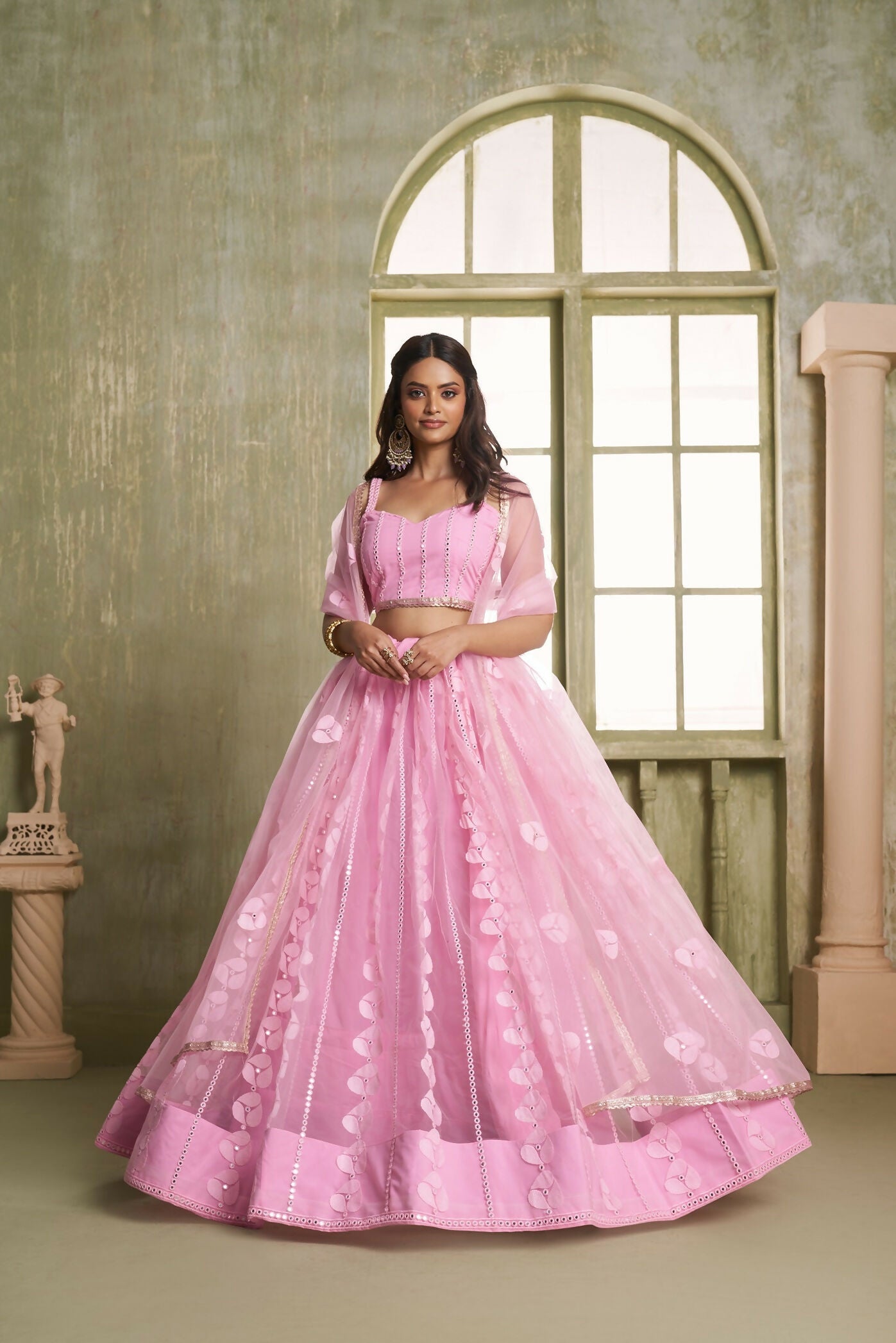Eilara Pink Net Lehenga Choli With Embroidered, Sequins And Thread Work For Women | Grocsy