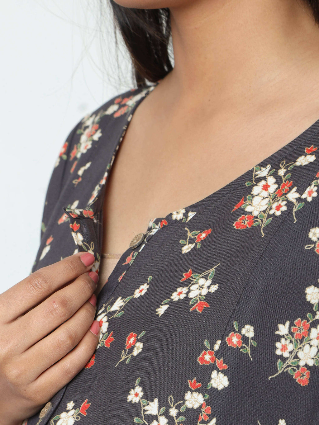 Manet Short Sleeves Maternity Dress Floral Print With Concealed Zipper Nursing Access - Navy Blue | Grocsy