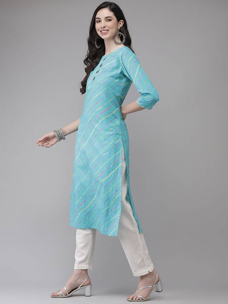 Yufta Women Turquoise Blue & Multicoloured Leheriya Printed Gotta Patti Kurta | Grocsy