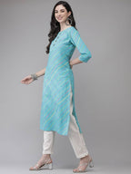 Yufta Women Turquoise Blue & Multicoloured Leheriya Printed Gotta Patti Kurta | Grocsy