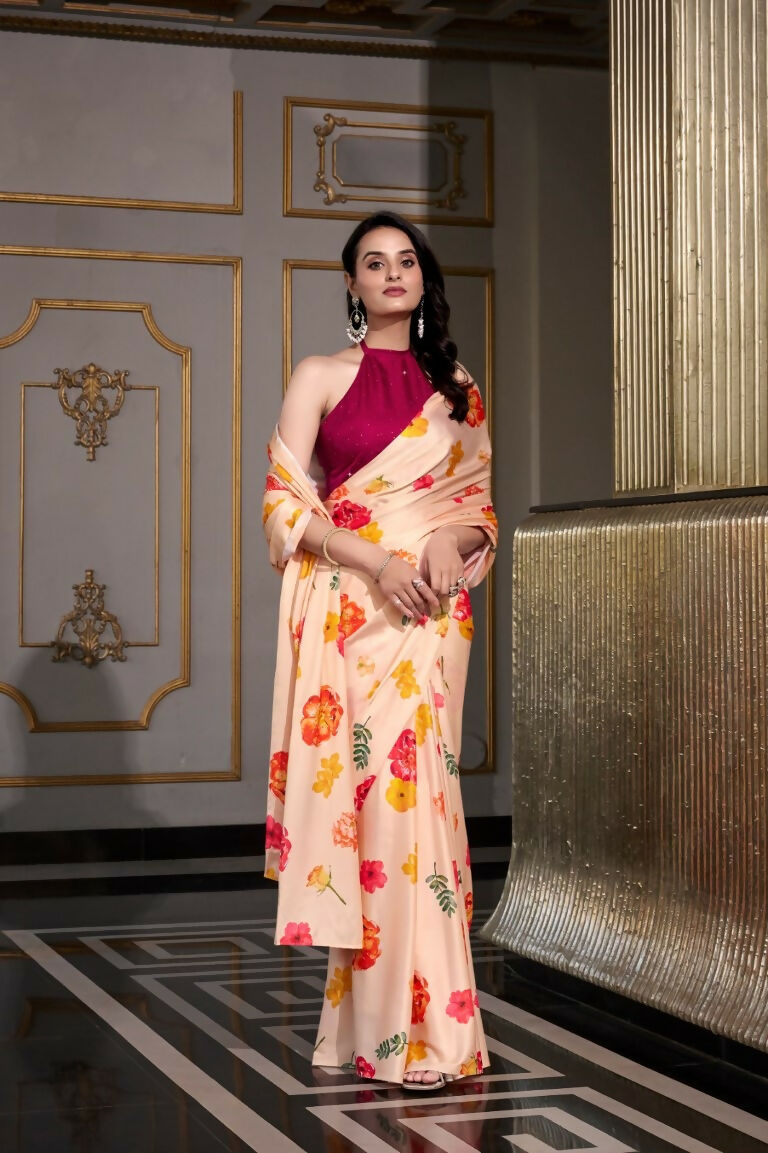 Vastranavya Cream Satin Silk Printed Saree with Hotfix Work Unstitched Blouse | Grocsy