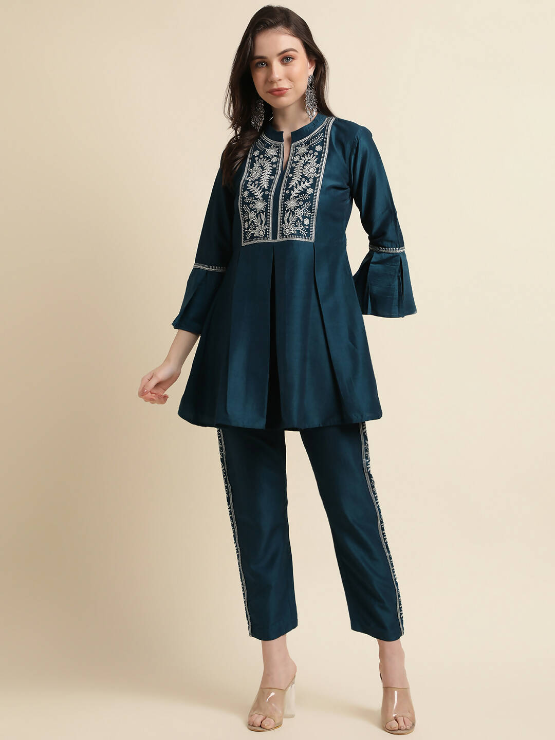 Teal Chinon Floral Embroidered Top with Bottom - Maanushi | Grocsy