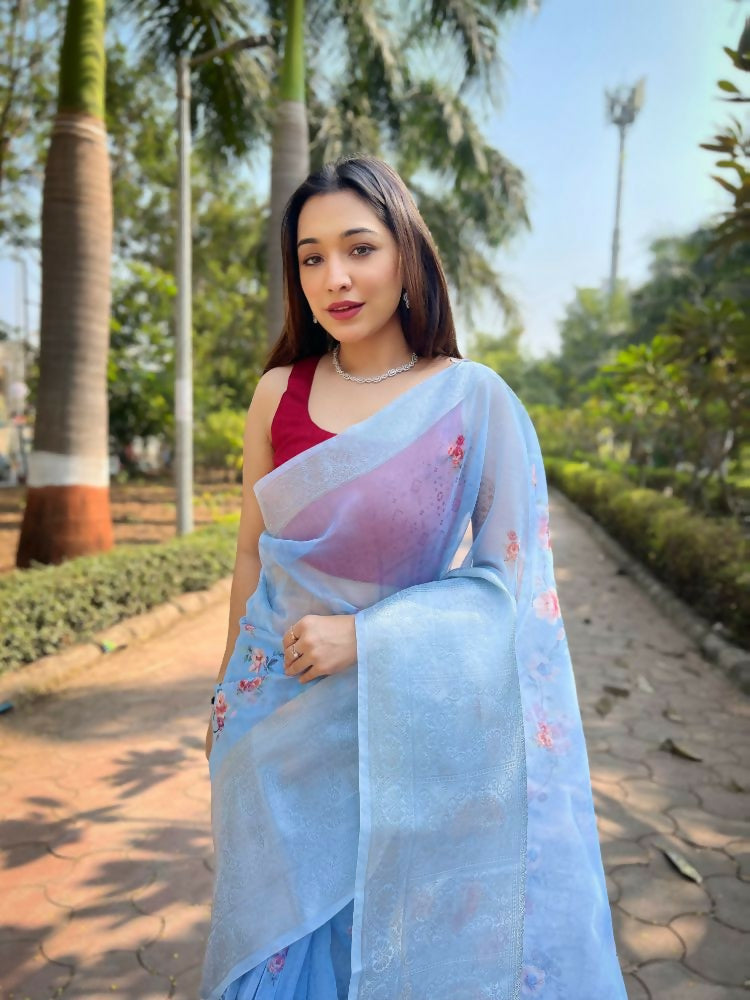 Vamsee Mehar Sky Organza Saree | Grocsy