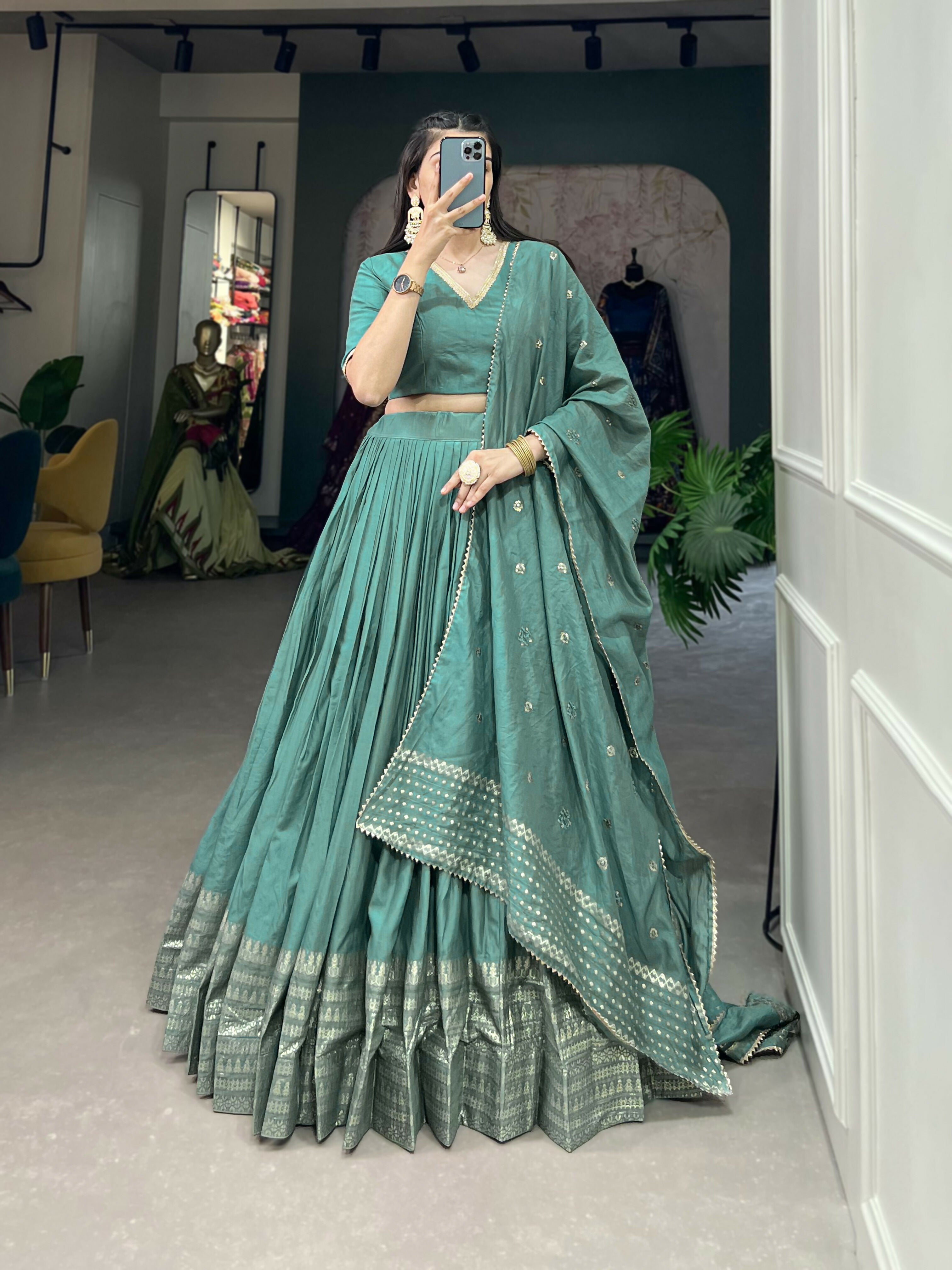 Lorenvalley Seagreen Pure Chanderi Plain With Zari Weaving Work Border Lehenga Choli | Grocsy