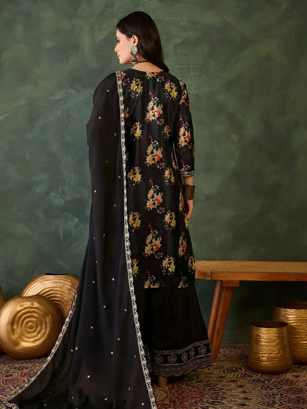The52 Women's Gorgeous Embroidery Chinon Fabric Straight Kurta Palazzo and Dupatta Set-Black | Grocsy