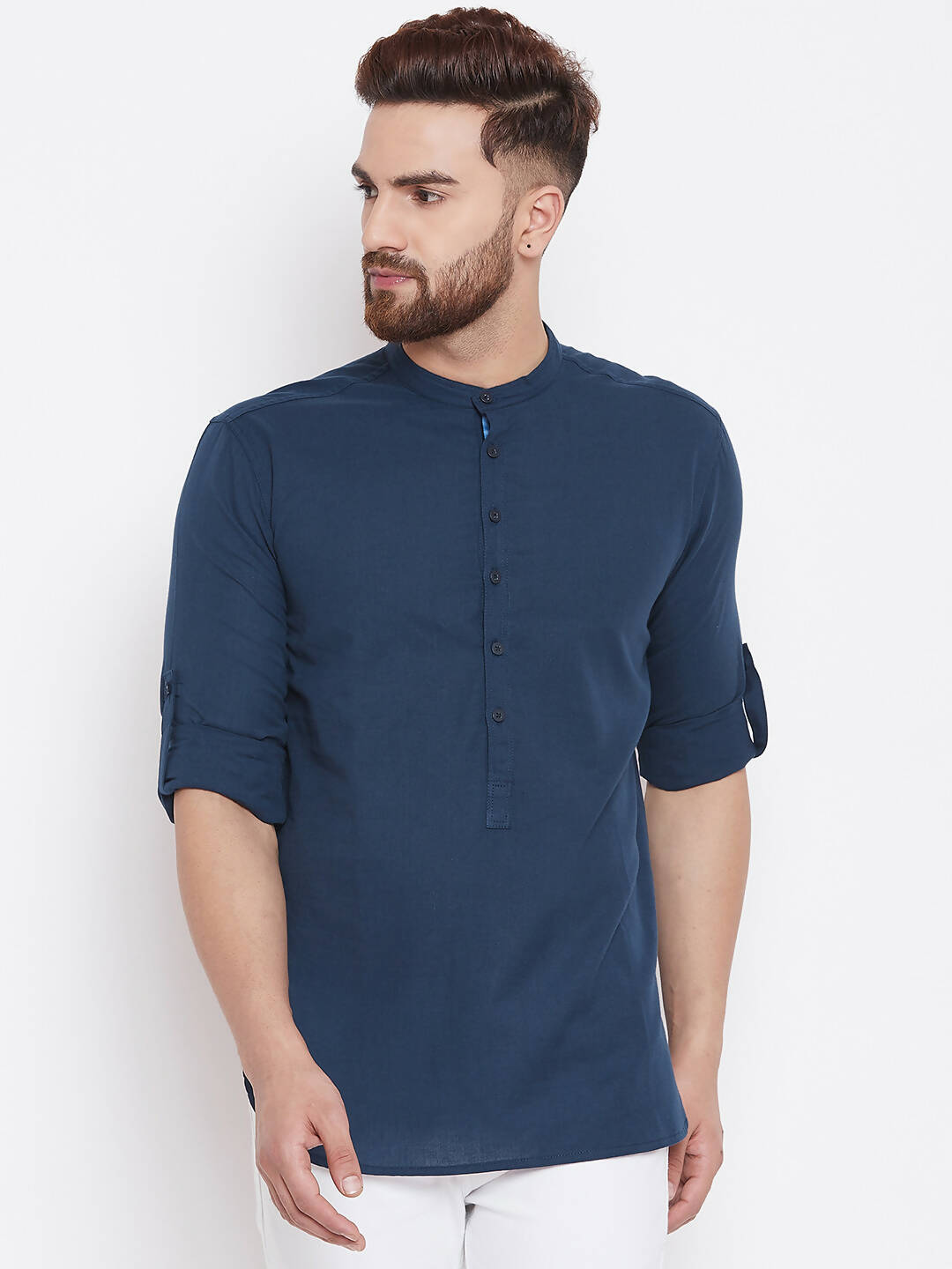 Even Apparels Blue Color Men's Pure Cotton Kurta With Band Collar | Grocsy