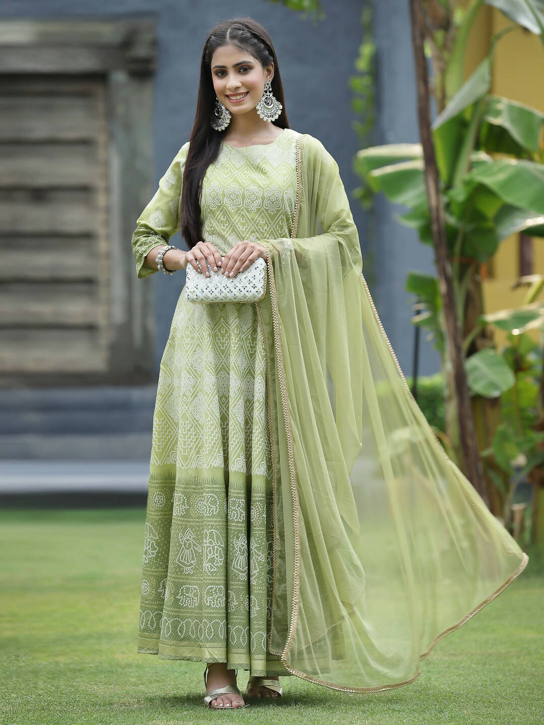 Juniper Green Santoon Slub Festive Foil Print Straight Lehnga Choli Set For Women | Grocsy