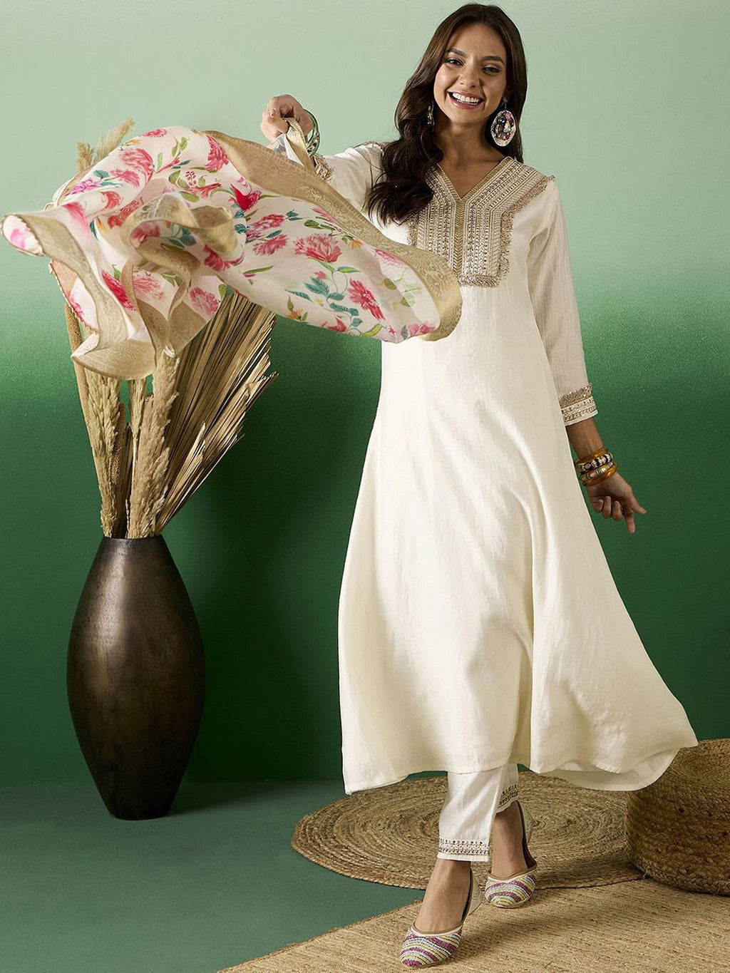 Sangria Embroidered A-Line Kurta With Trousers & Dupatta | Grocsy