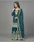 Teeya Creation Womens New Trendy Pure Gmy Silk With Heavy Embroidery Sequence Work Teal Kurta Set | Grocsy