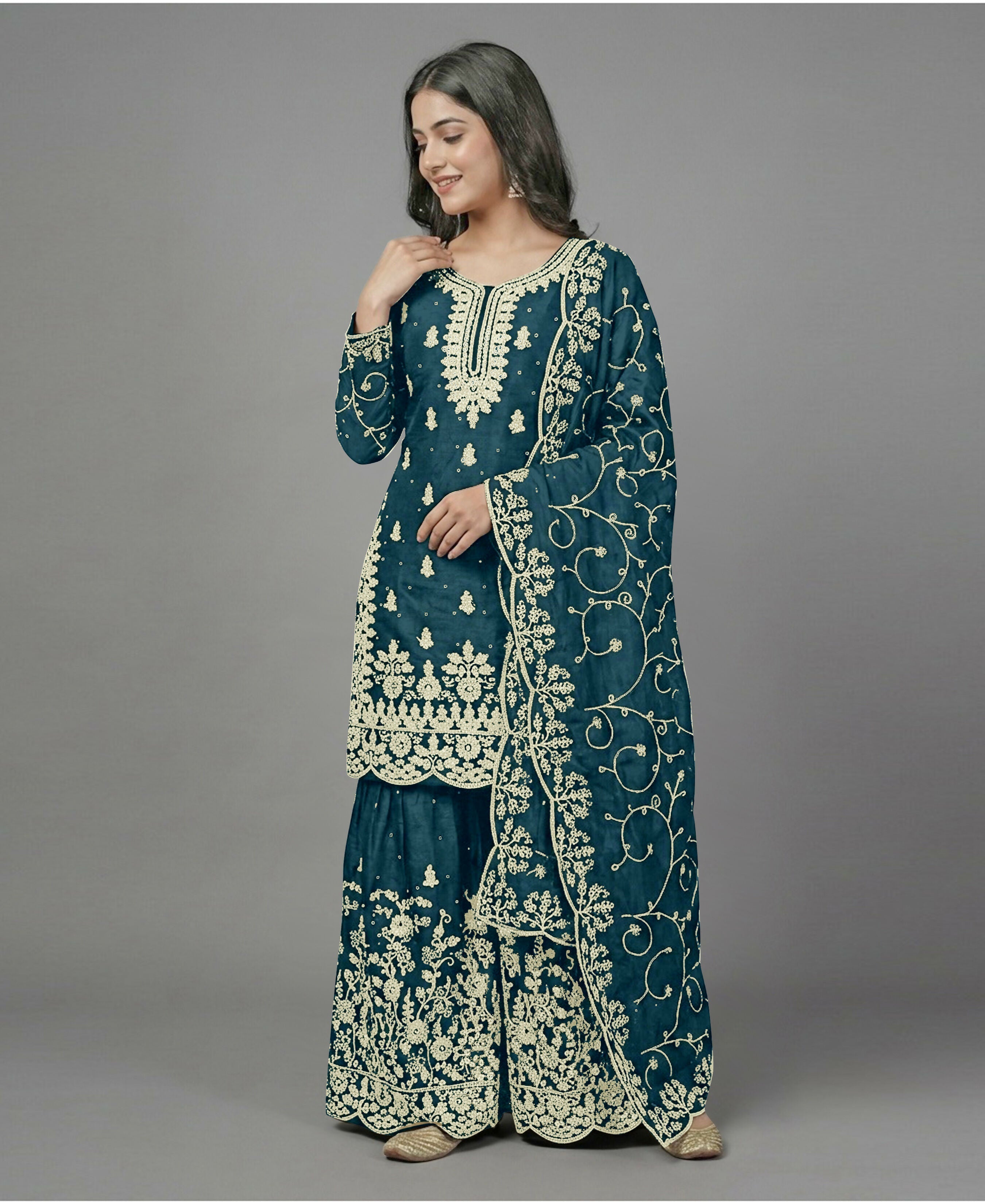 Teeya Creation Womens New Trendy Pure Gmy Silk With Heavy Embroidery Sequence Work Teal Kurta Set | Grocsy