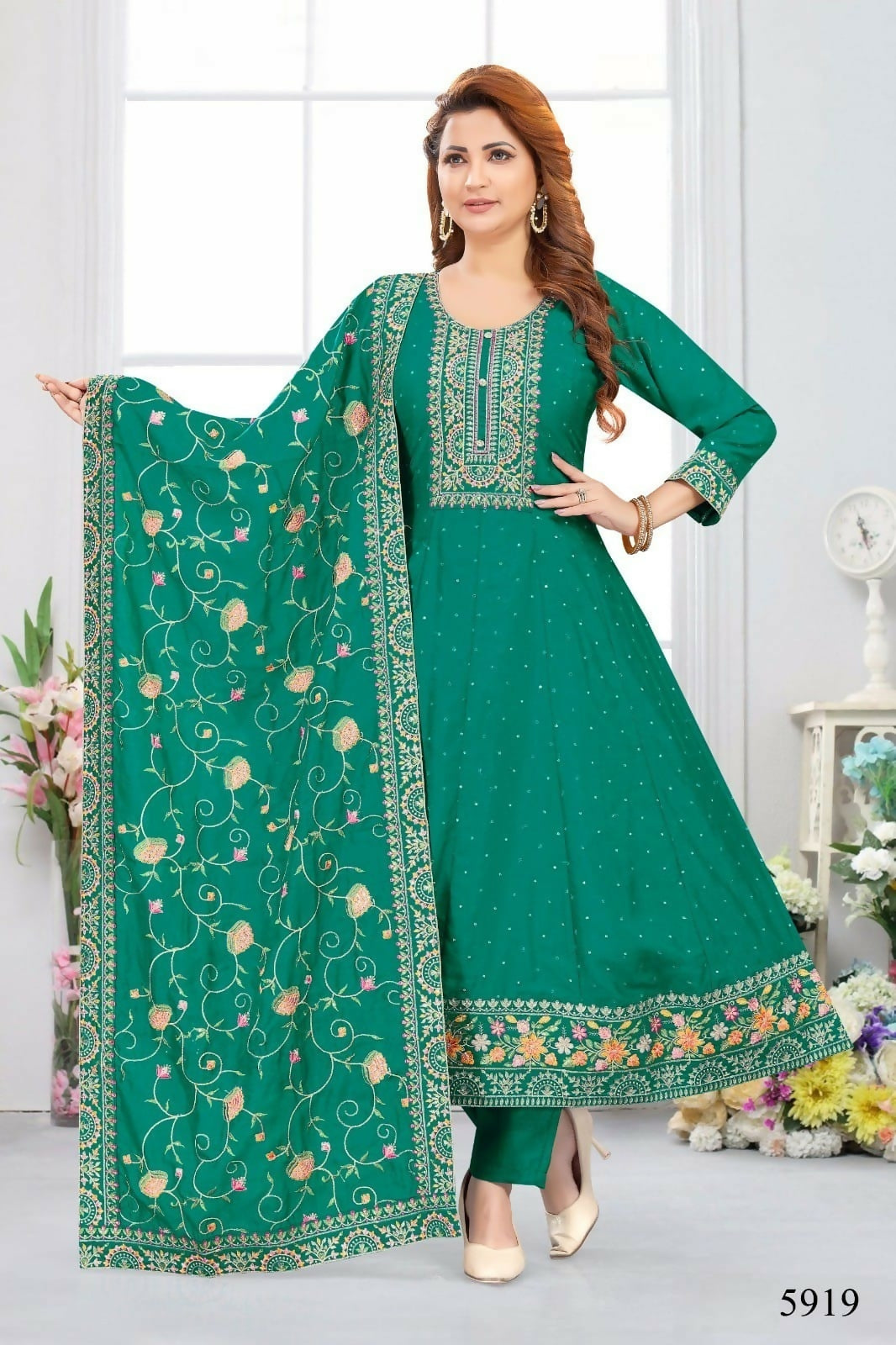 Joban Fashion Chinon Silk Rama Green Color Kurta Set | Grocsy