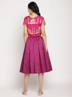 Ahalyaa Women's Pink Poly Silk Gold Foil Print Top With Skirt | Grocsy