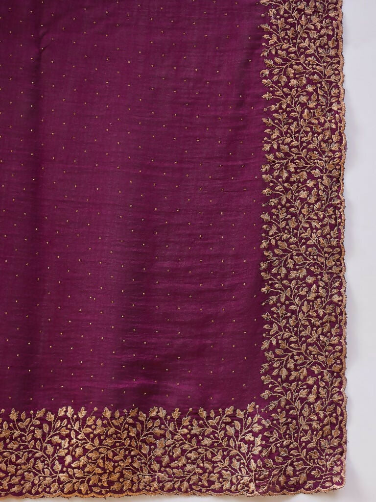 Purple Silk Blend Embroidered Saree with Unstitched Blouse - Vairagi | Grocsy