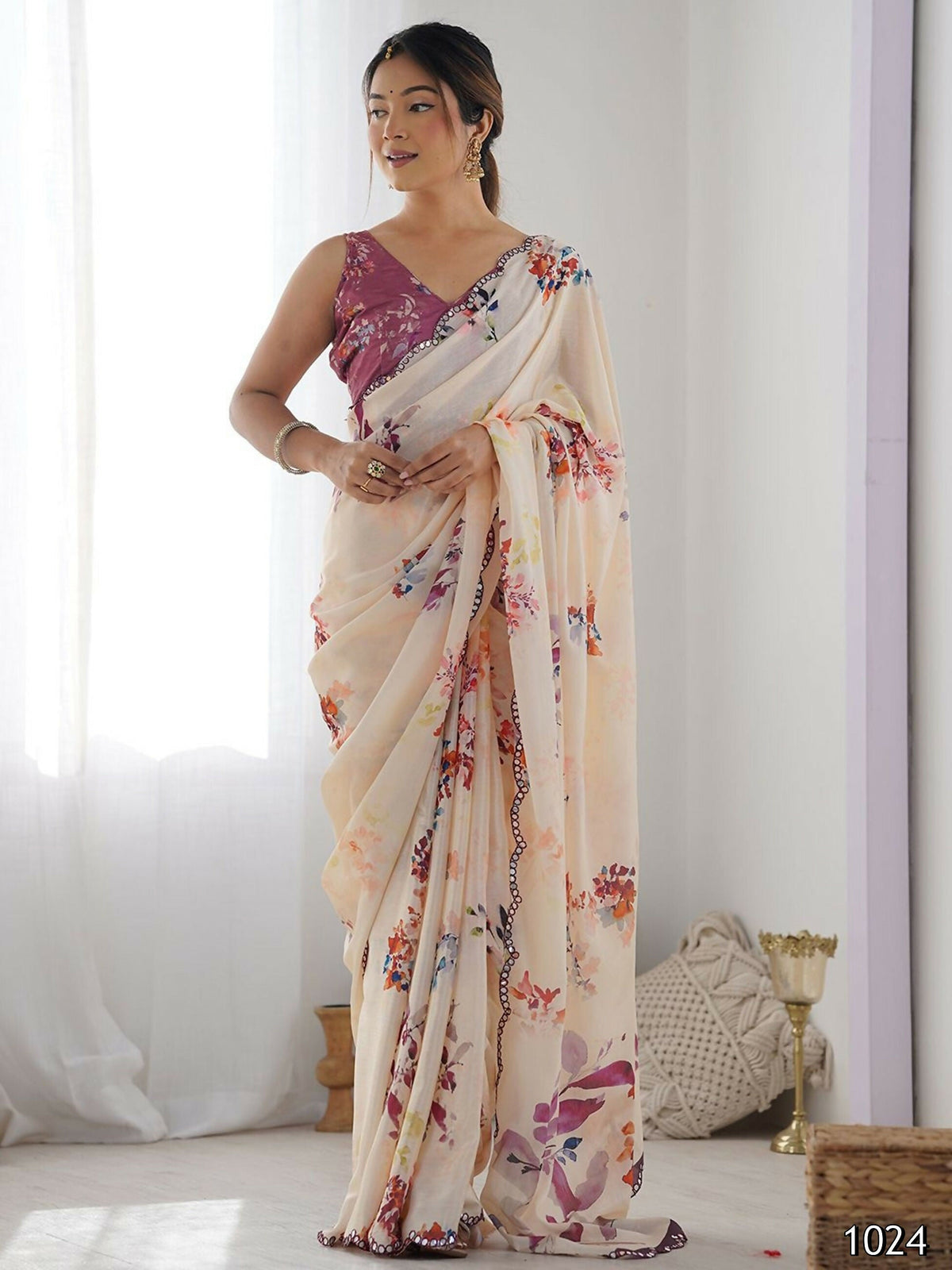 Designer Partywear Georgette Cream Fancy Saree-Druga | Grocsy