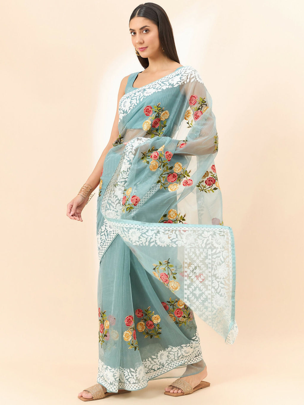 Blue Organza Floral Embroidered Saree with Unstitched Blouse Piece - Roozal | Grocsy