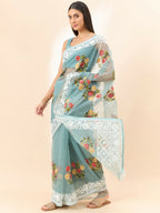 Blue Organza Floral Embroidered Saree with Unstitched Blouse Piece - Roozal | Grocsy