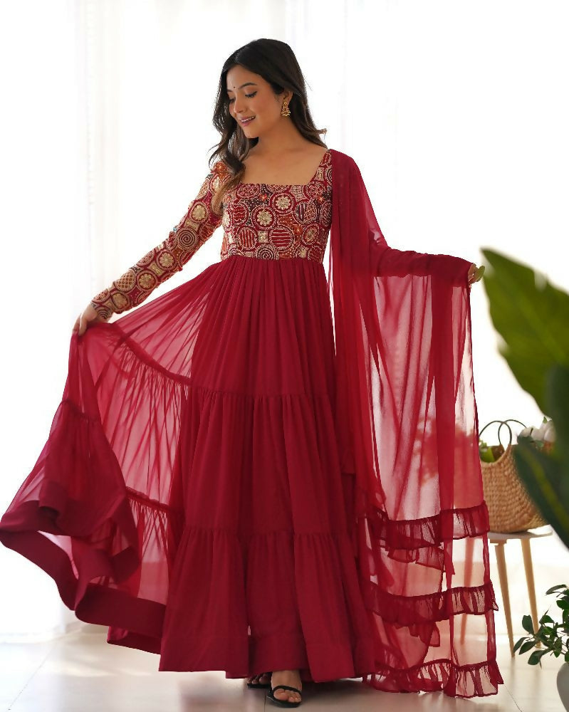 The52 Women's Beautiful Embroidery Work Faux Georgette Fabric Flared Anarkali Pant and Dupatta Set | Grocsy