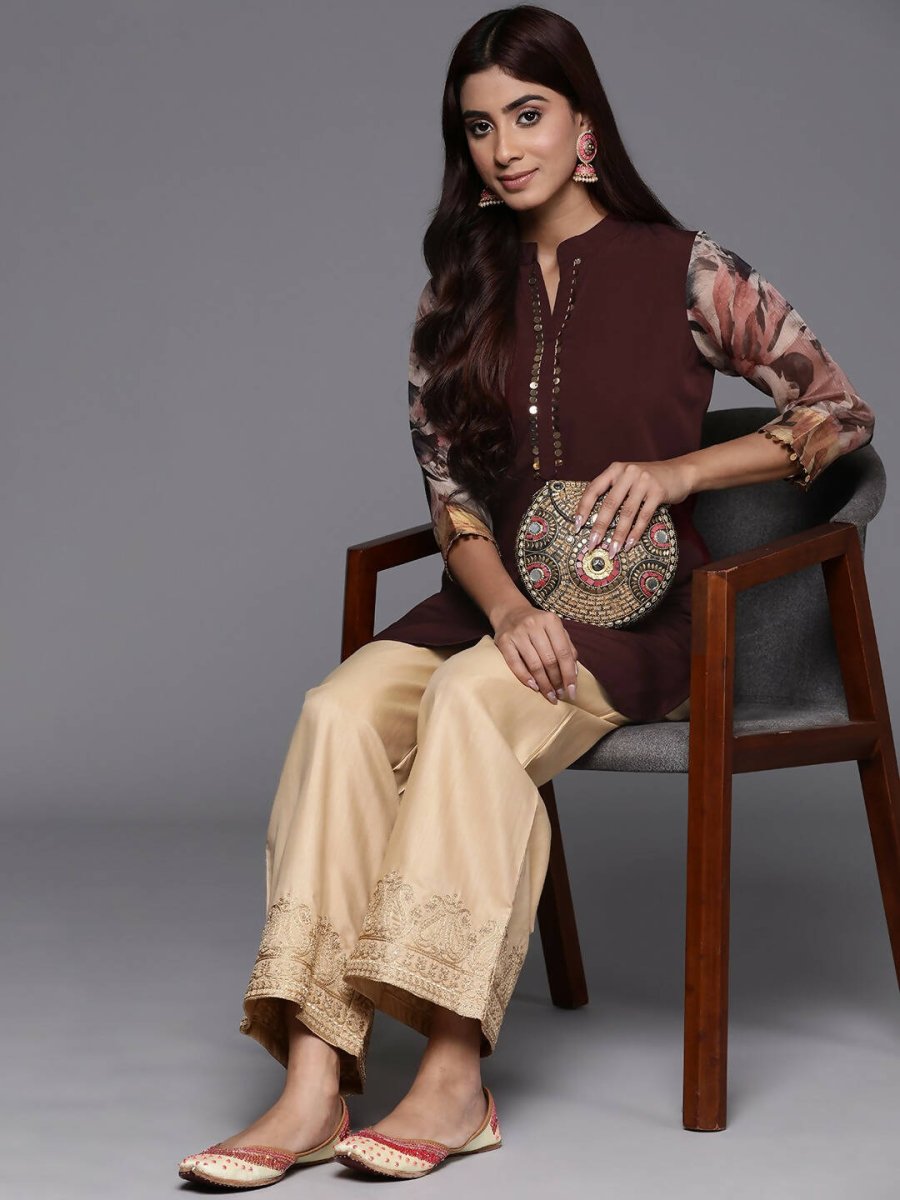 Ahalyaa Brown & Gold-Toned Mandarin Collar Printed Tunic - Brown Color | Grocsy