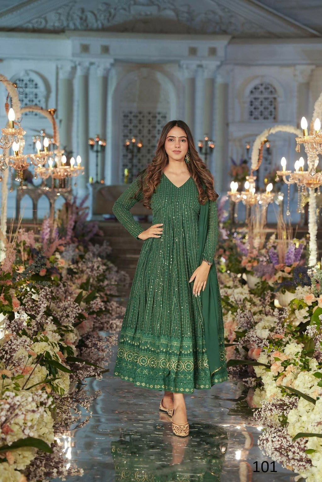 Aayaa Designer Embroidery Zari Sequins Work Faux Blooming Georgette Suit - Green | Grocsy