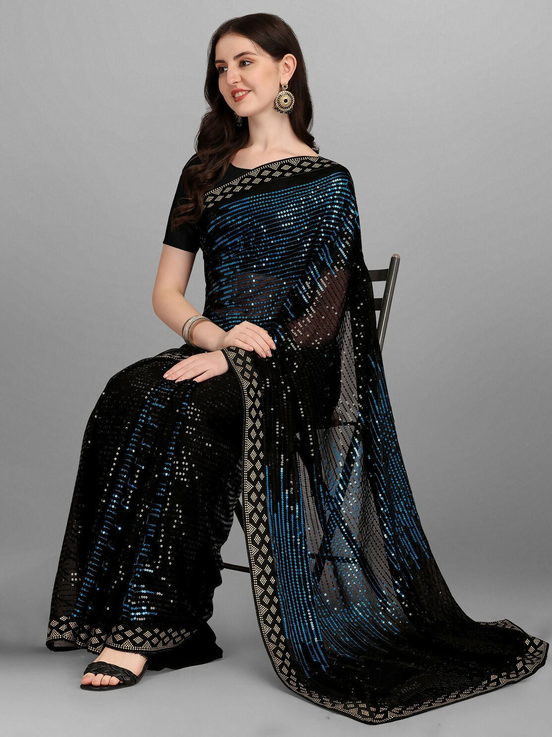 Vegaa Fashion Black Georgette Embroidered Party Wear Saree | Grocsy