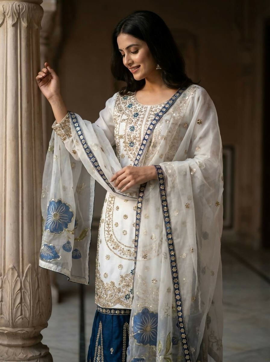 Teeya Creation Blue Gimmy Silk Designer Embroidery Work Wedding Wear Palazzo Pair | Grocsy