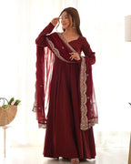 Joban Fashion Maroon Kurta Set Chanderi Sequence Embroidery Work | Grocsy