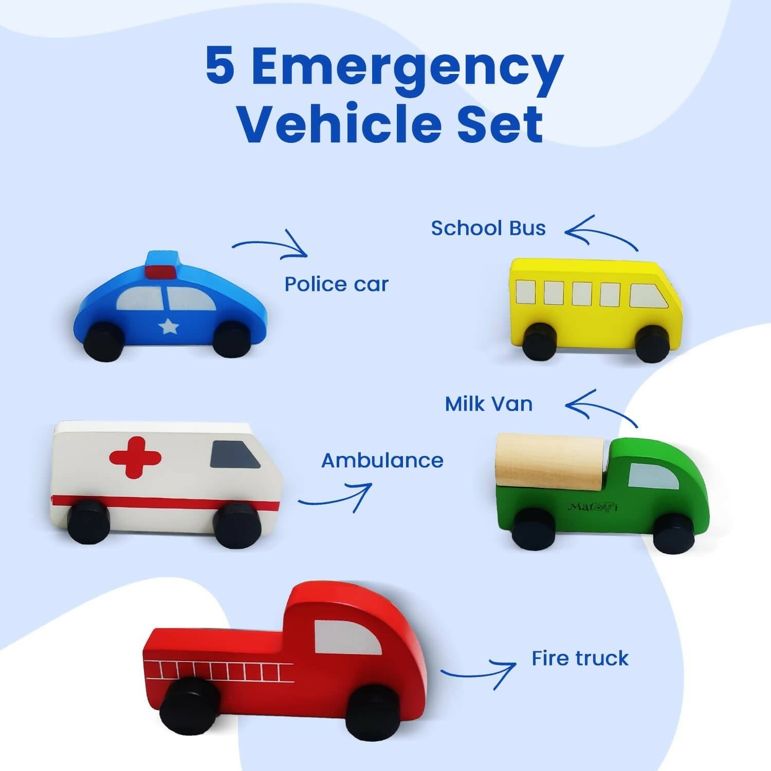 Matoyi Wooden Emergency Toy Vehicle Set of 5 | Grocsy