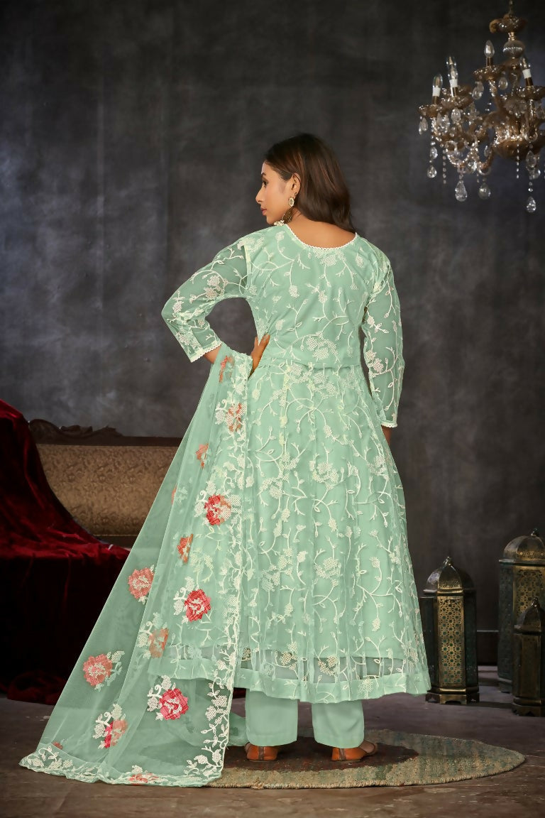 Jyoti Fashion Women's Sea Green Net Embroidered Anarkali Kurta Pant Set With Dupatta | Grocsy