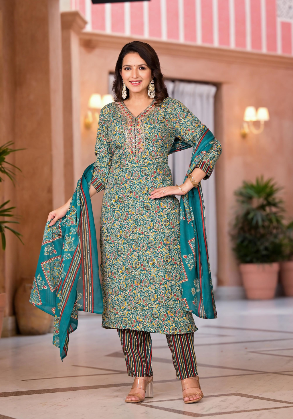 Juniper Women's Rama Green Cotton Ethnic Motif Printed Kurta Set With Sequins & Thread Work | Grocsy