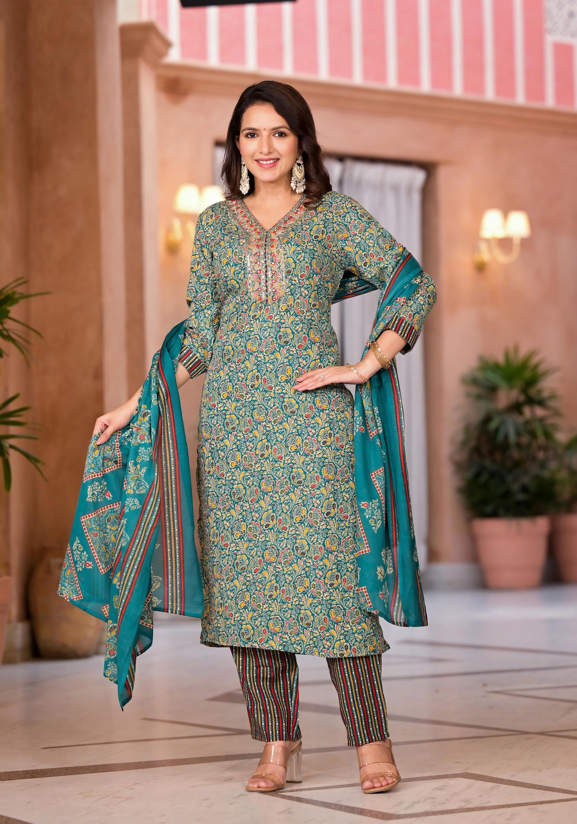 Juniper Women's Rama Green Cotton Ethnic Motif Printed Kurta Set With Sequins & Thread Work | Grocsy