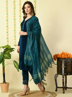 Myshka Women's Teal Velvet Kurta & Trousers With Dupatta Party Sets | Grocsy