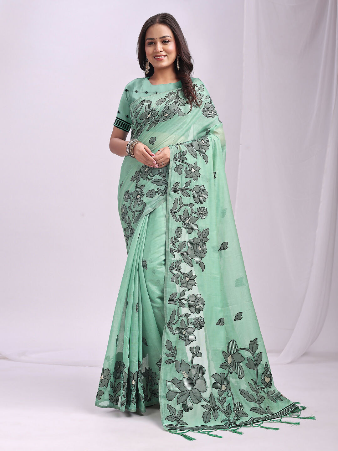Shree Shyam Fashion Kashira Rama Green Linen Cotton Saree | Grocsy