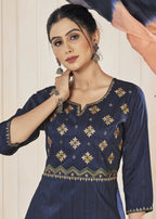 Jyoti Fashion Women's Navy Blue Pure Viscose Weaving Stripe with Embroidery Kurta Set | Grocsy