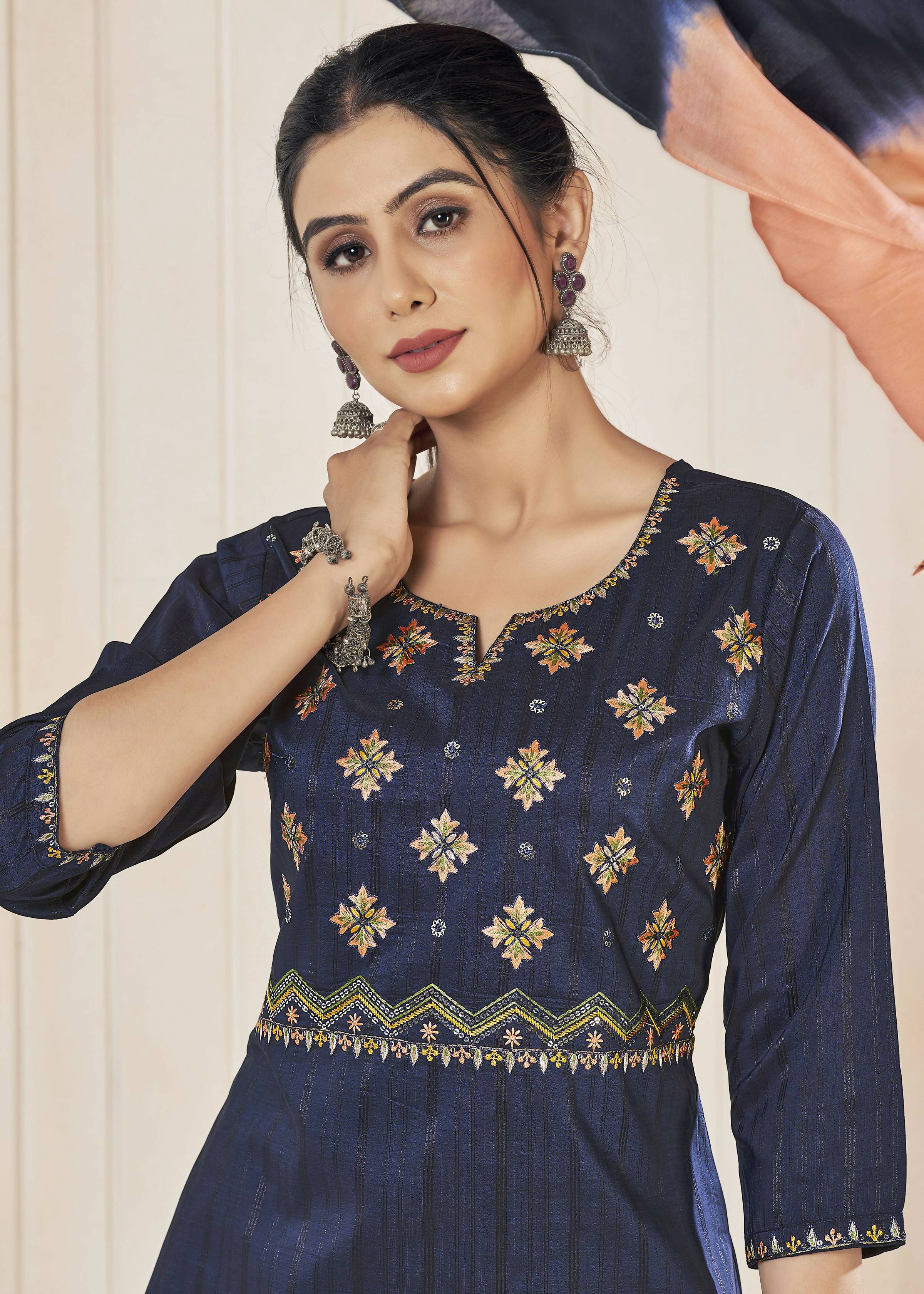 Jyoti Fashion Women's Navy Blue Pure Viscose Weaving Stripe with Embroidery Kurta Set | Grocsy